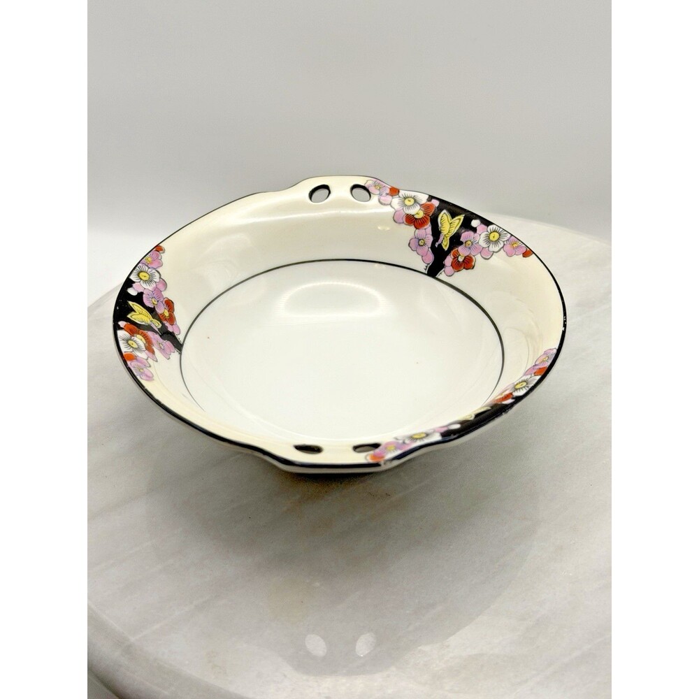 Noritake Hand Painted Floral Butterfly Porcelain Bowl Pierced Rim Japan